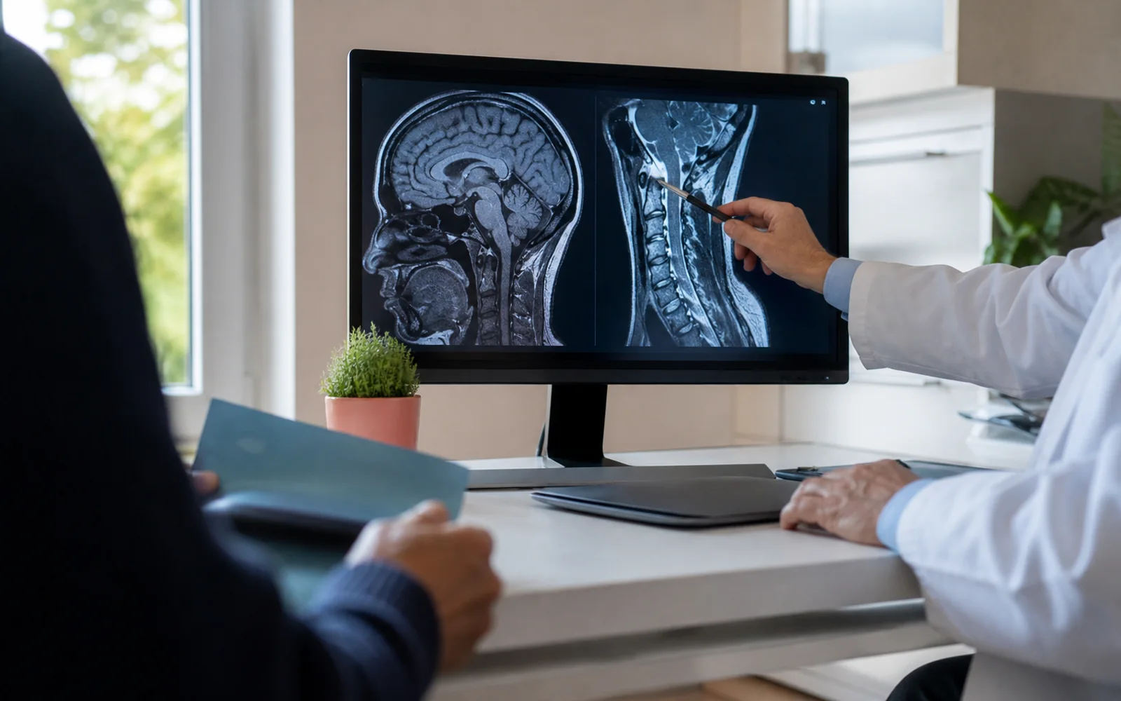 Consultation médicale avec lecture d’une imagerie cérébrale et cervicale sur écran