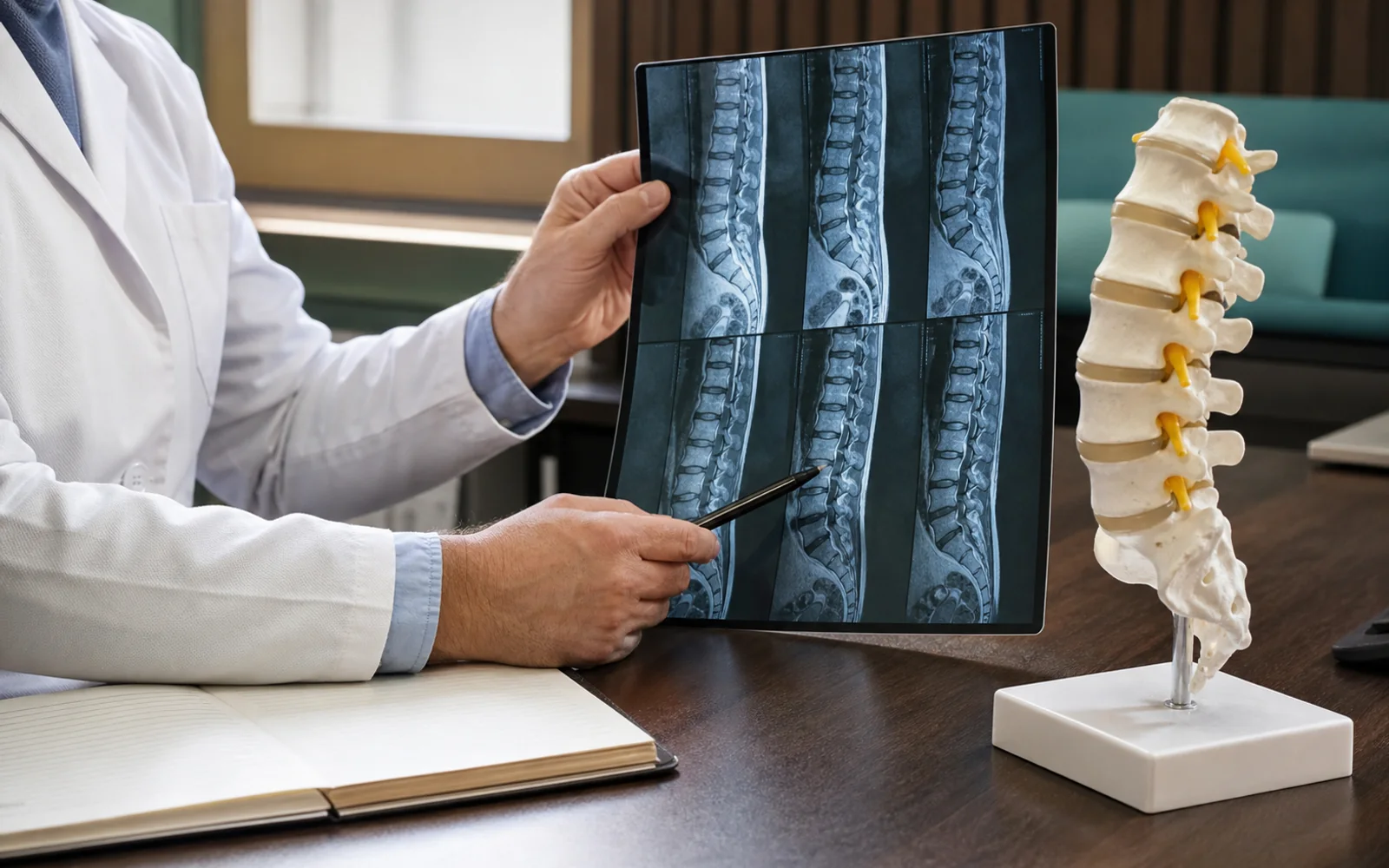 Médecin étudiant une imagerie de la colonne vertébrale avec un modèle anatomique